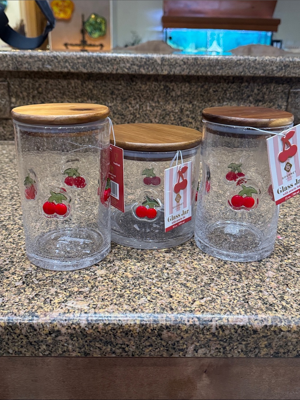 Cherry Glass Storage Jars with Wooden Lids - Set of 3